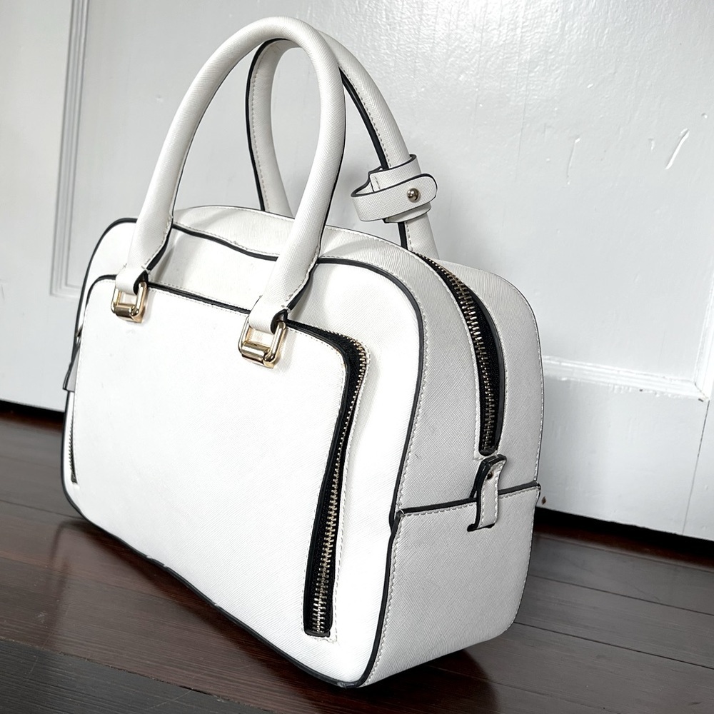 Zara White Satchel with Black Trim and Gold Hardware